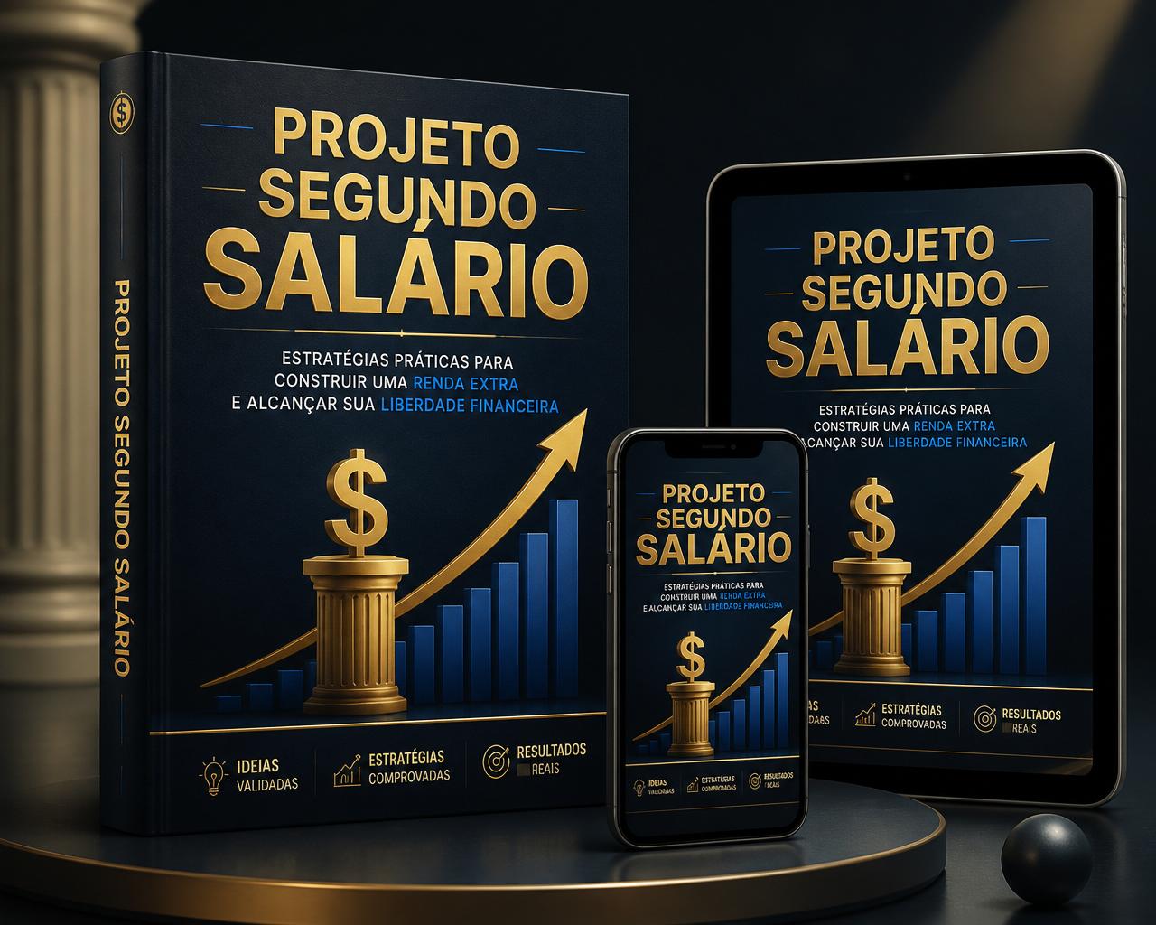 E-book Projeto Segundo Salário — capa premium com pilar dourado e gráfico de crescimento
